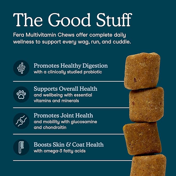 Fera Pets Dog Multivitamin Chews with Glucosamine and Probiotics - Essential Dog Vitamins & Minerals - Promotes Healthy Digestion & Joints - Boosts Skin & Coat Health with Omega-3s - 90 Soft Chews