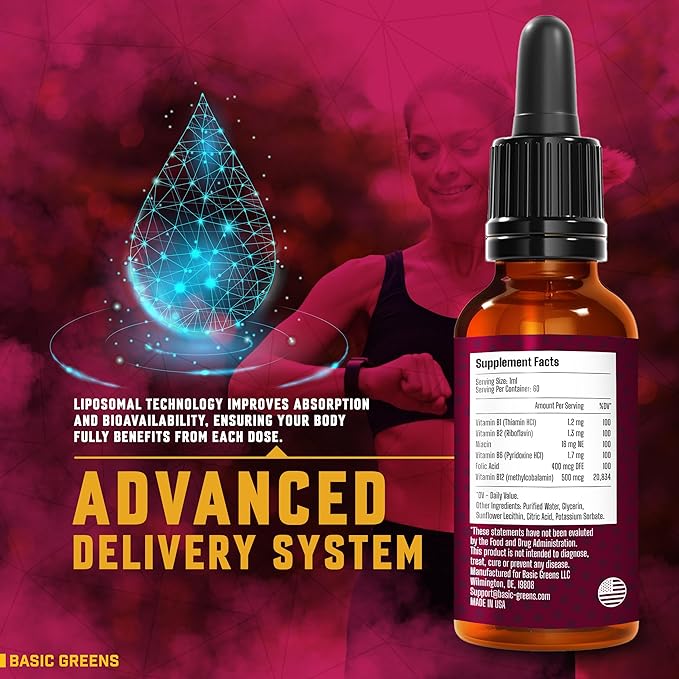 Liposomal B Vitamins Complex Liquid – High Absorption for Energy, Brain & Skin Health, Hair & Nails, Advanced Liposomal Delivery, Vegan, Non-GMO, 2 Fl Oz