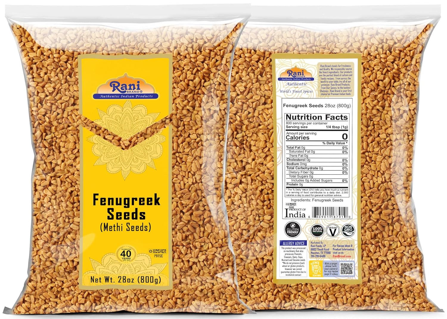 Rani Fenugreek (Methi) Seeds Whole 28oz (800g) Trigonella foenum graecum ~ All Natural | Vegan | Gluten Friendly | Non-GMO | Kosher | Indian Origin, used in cooking & Ayurvedic spice