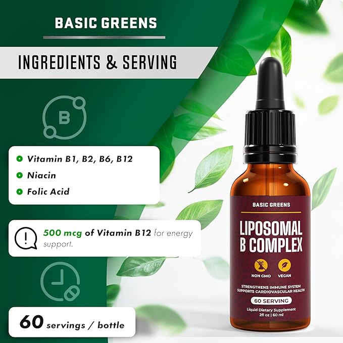 Liposomal B Vitamins Complex Liquid – High Absorption for Energy, Brain & Skin Health, Hair & Nails, Advanced Liposomal Delivery, Vegan, Non-GMO, 2 Fl Oz