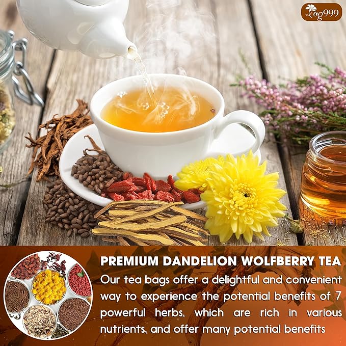 TOG999, Organic Dandelion Wolfberry Tea, 9 Herbal Ingredients, Traditional Recipe Tea for Kidney & Liver, Natural Dandelion, Wolfberry, Gardenia, Cassia Seed, Chrysanthemum, Licorice, Orange Peel (30 Bags)