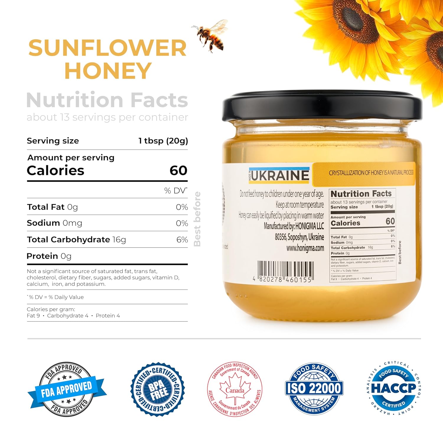 HONIGMA® Raw Sunflowers Honey | Exquisite Taste | 100% Pure | Unpasteurized | Unfiltered | Partially crystallized | 250g/8.8oz