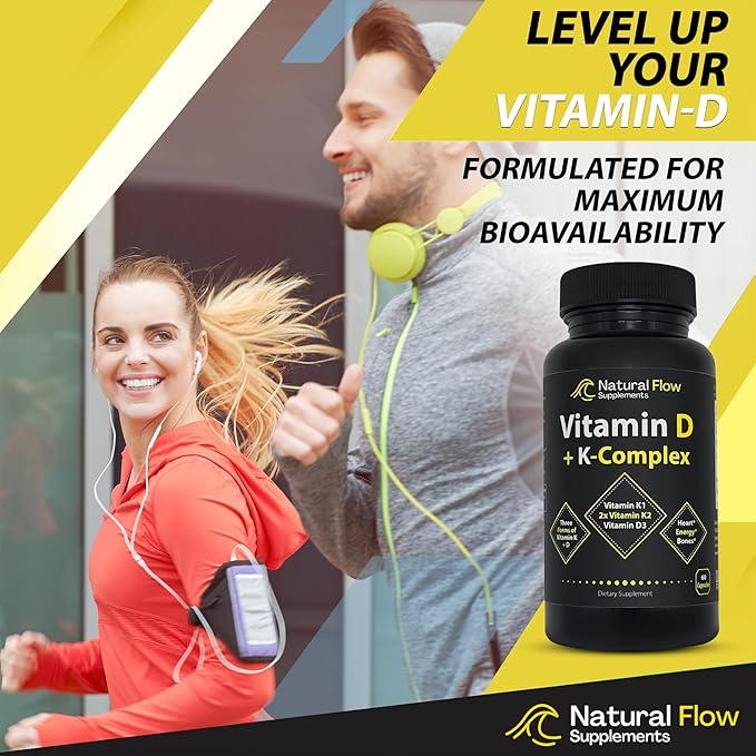 Vitamin D3 with K2 and K1 Supplement - Natural Flow Vitamin D3 and K Complex, D3 5000iu with Vitamin K2 MK4 + MK7 and K1 for Bone, Heart, and Immune Support - 60 Capsules