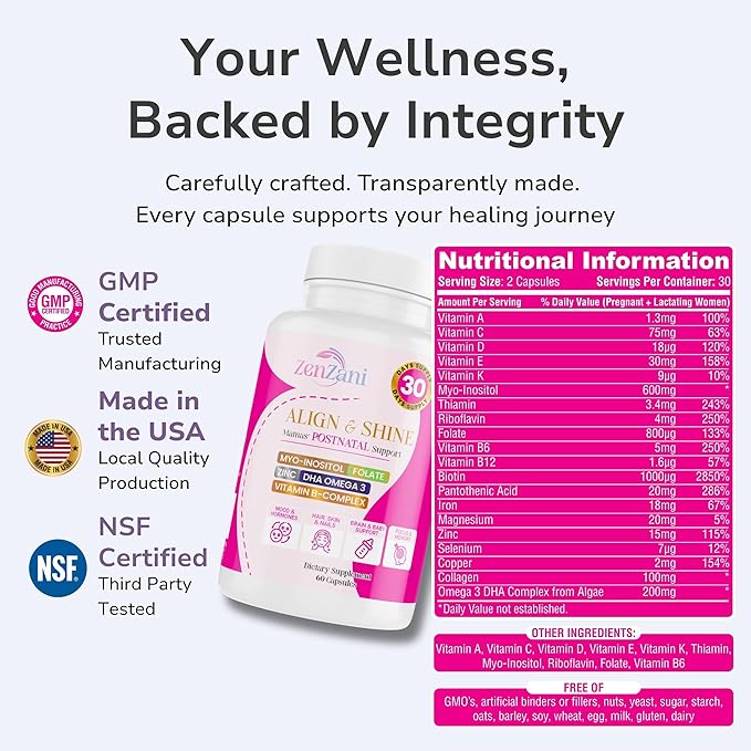 Align & Shine Postnatal Vitamins for Women - DHA, Iron, Folate, Vitamin B12 & Myo-Inositol | Postpartum Recovery - Breastfeeding Friendly - 1 Month Supply (60 Capsules)