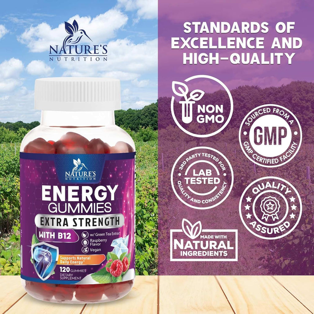 Energy Gummies 1000mcg - with Vitamin B12, Green Tea Natural Caffeine Support, Daily Energy Gummies - Delicious Berry Flavor B12 Chewable Exercise Supplement for Running Cycling & Sports - 120 Chews