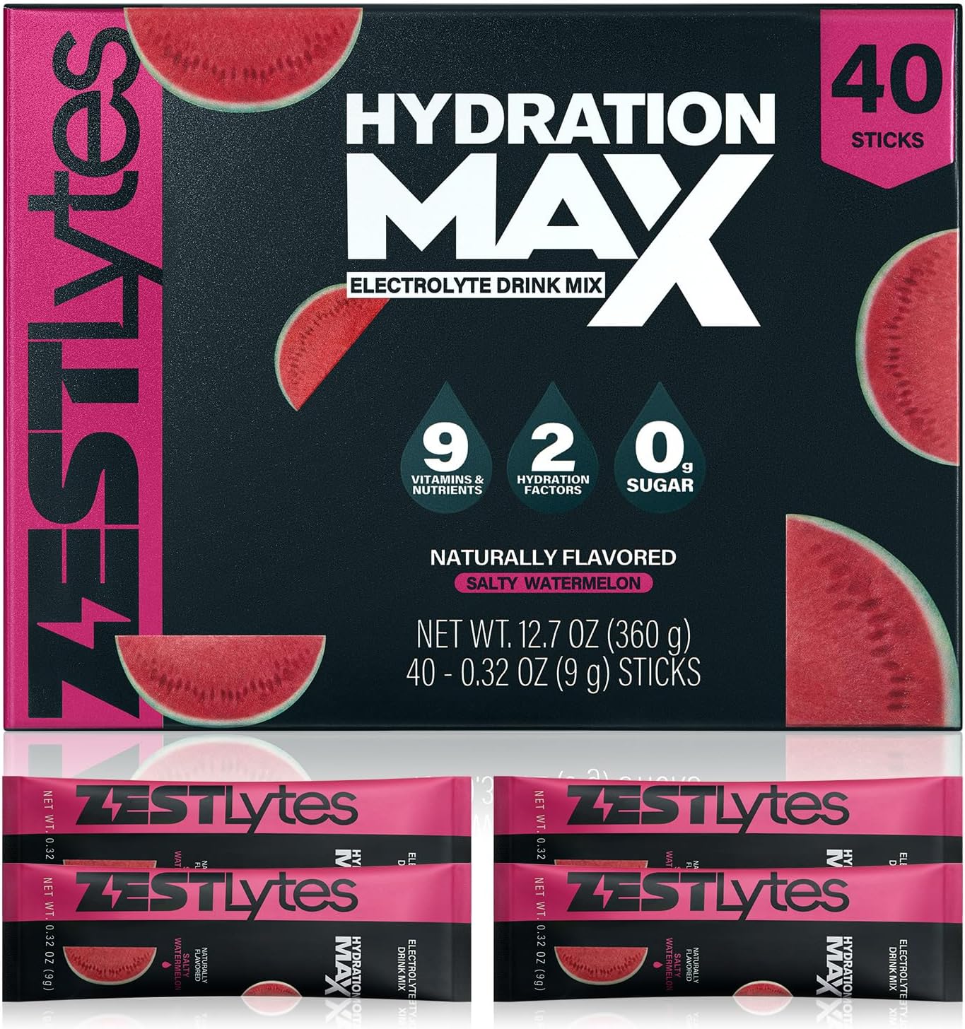 Salty Watermelon Flavor Sugar Free Electrolyte Hydration Packets, 40 Sticks Electrolyte Powder Drink Mix, Liquid Daily IV Flavors | 9 Vitamins & Nutrients | 2 Hydration Factors