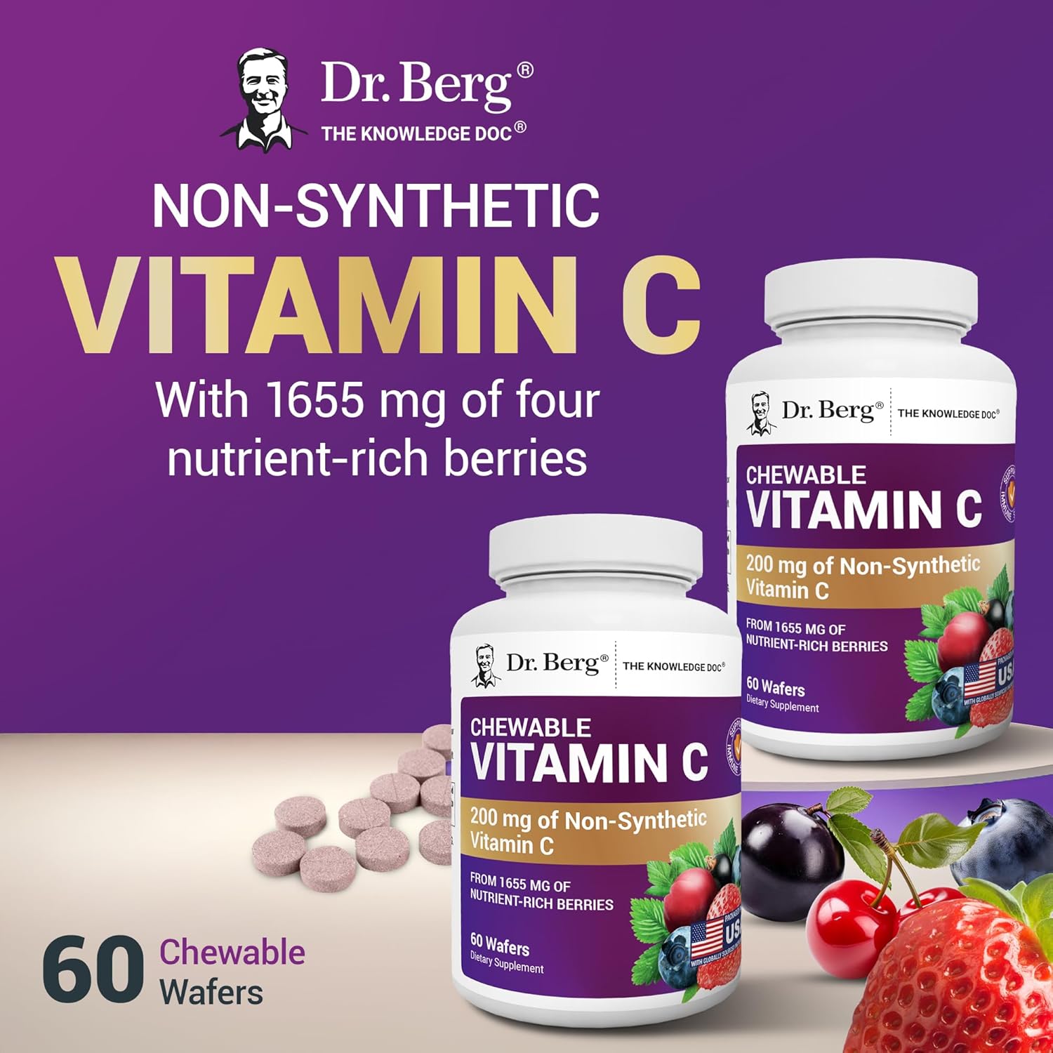 Dr. Berg Chewable Vitamin C Complex - Made with Organic, Non-GMO Berries - 60 Delicious Wafers