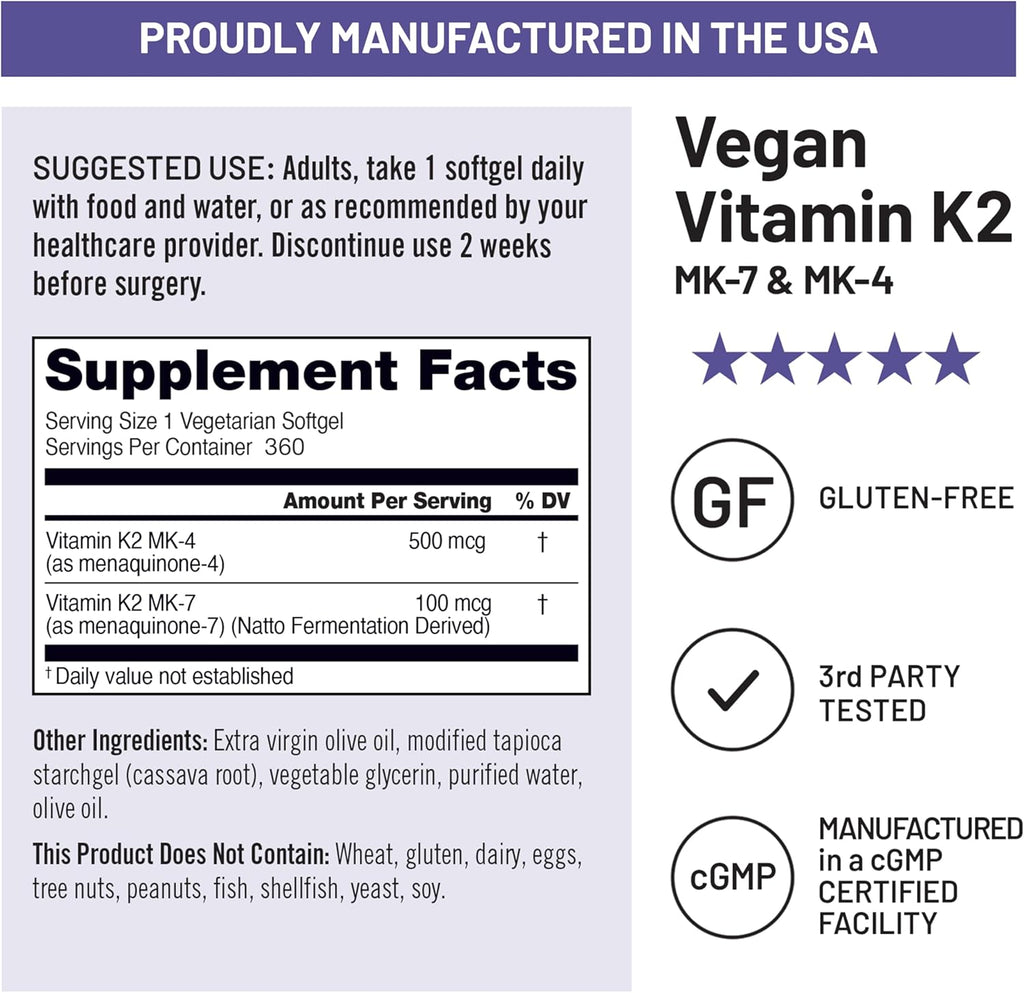 NatureWise Vitamin K2 600mcg Supplement with MK-7 100mcg & MK-4 500mcg - Enhanced Bioavailable Formula - K Complex for Bone and Heart Health - Vegan, Gluten Free, Non-GMO -360 Softgels[1-Year Supply]