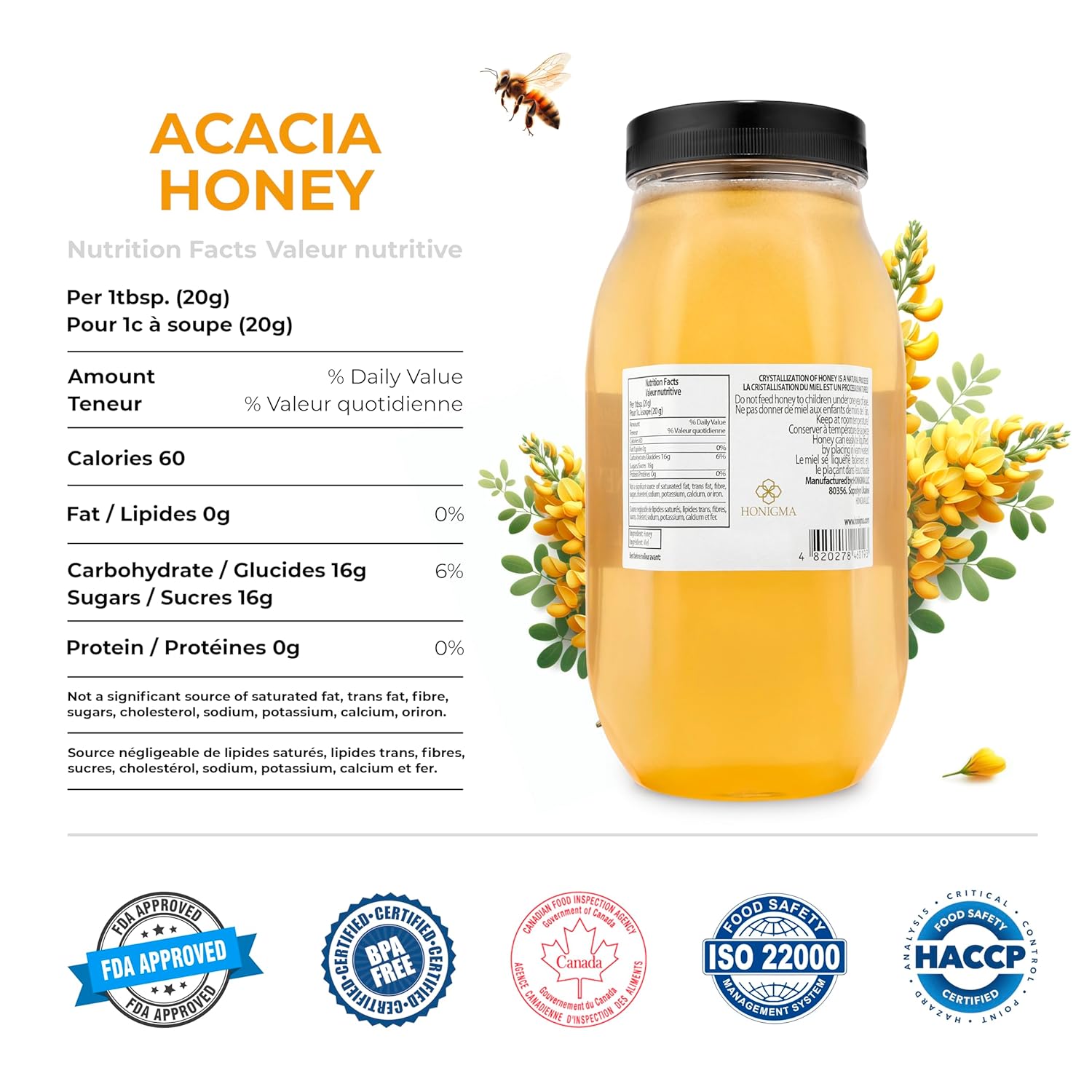 HONIGMA® Marma Acacia Honey | Authentic Raw Honey from Ukraine | 100% Pure & Unpasteurized | 1000g/35.2oz | May Arrive Partially Crystallized | Pack of 1