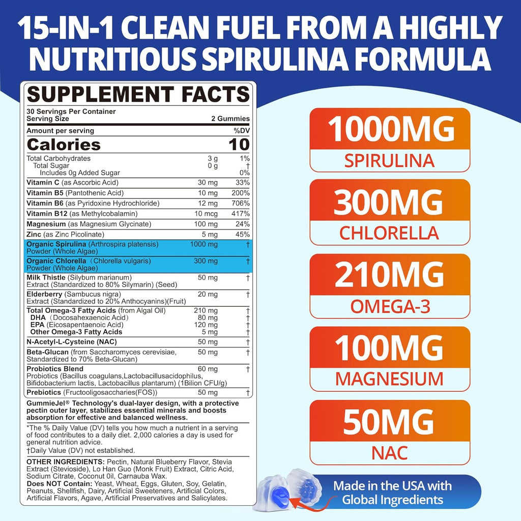 Organic Blue Spirulina Chlorella Gummies, Superfoods & Excellent Source of Vegan High Phycocyanin, Chlorophyll, B-Complex, Essential Minerals for Energy, Antioxidants, Det♡x, Sugar Free, 60 Cts