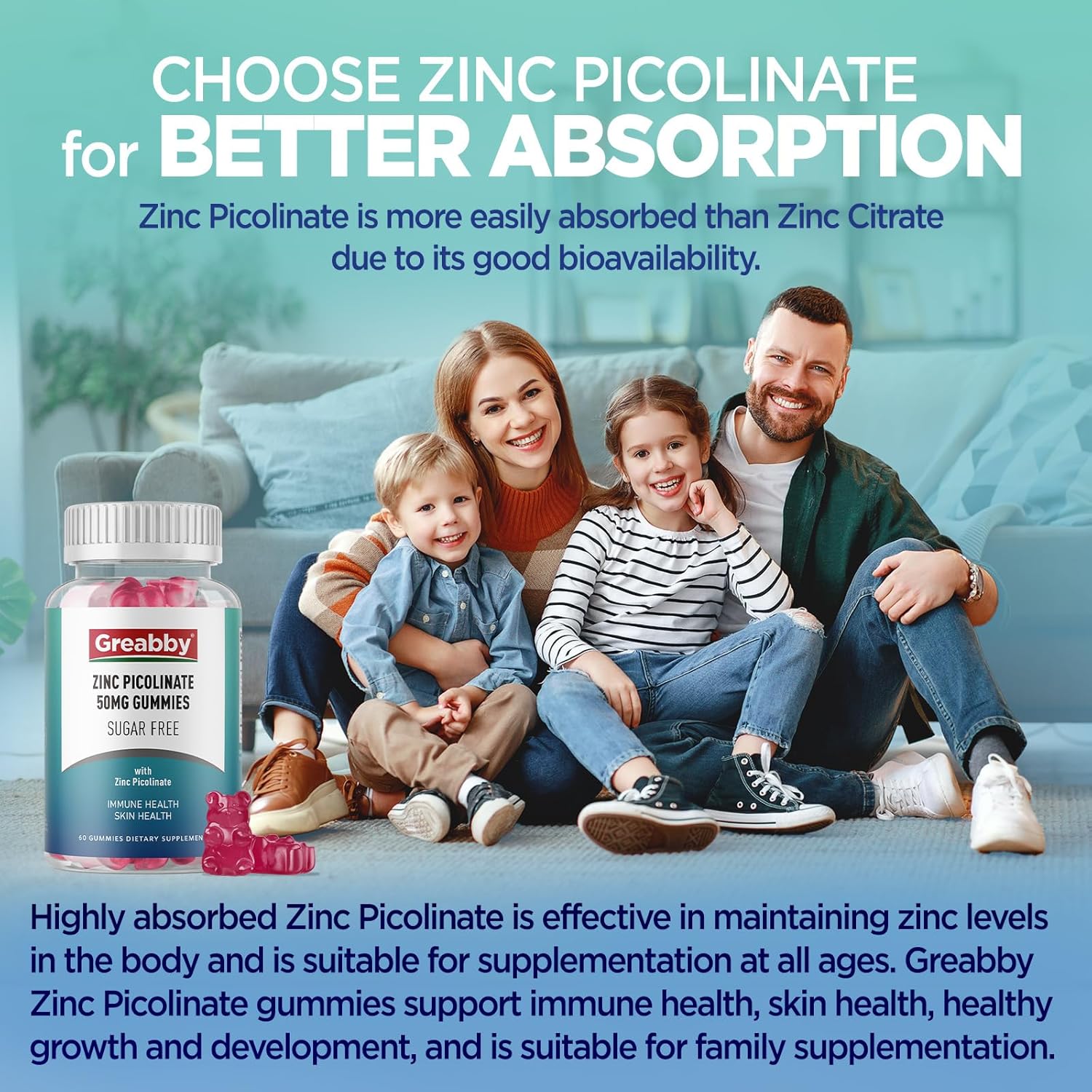 Zinc Gummies - Zinc Picolinate 50mg, Sugar Free, Highly Absorbable Zinc Picolinate Supplement for Kids & Adults, Support Growth, Immune Function, Skin Health, 60 Gummies