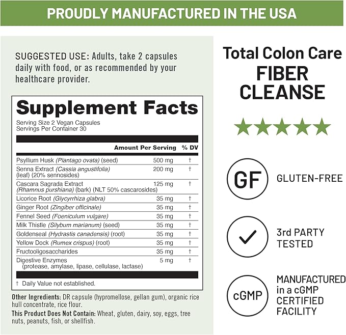 NatureWise Total Colon Care Fiber Cleanse - Natural Laxative Blend - Herbal Laxatives, Prebiotics, & Enzymes for Regularity, Digestion, Weight & Gut Health - Non-GMO - 60 Capsules[30-Day Supply]