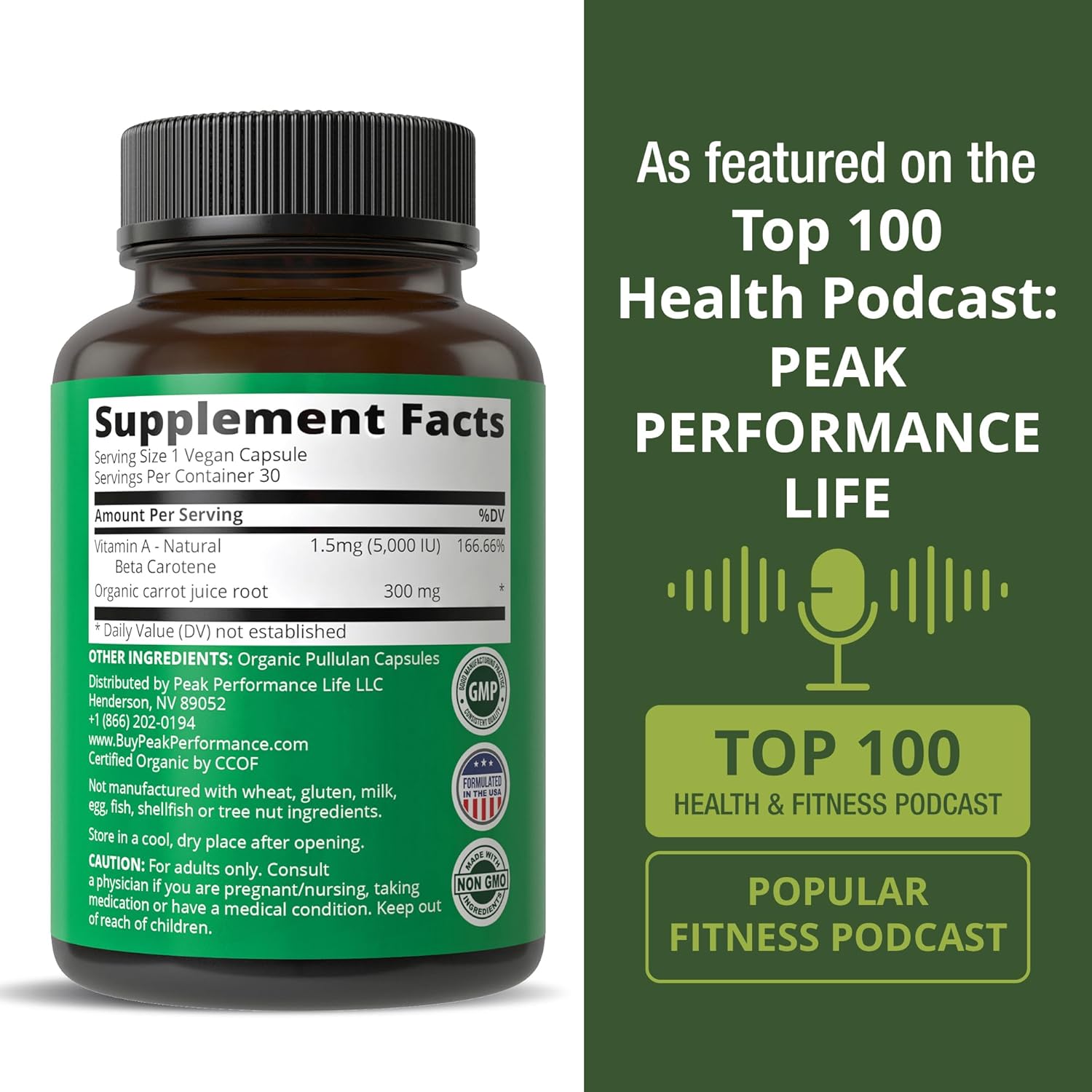 Certified Organic Vitamin A 5000 IU Supplement Capsules High Potency Vitamins. for Adults, Men, Women, Kids. Made with Organic Carrot Juice. Great for Immune, Skin, Eye Support. Non GMO, Vegan Pills