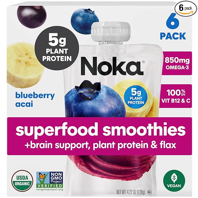 Noka Superfood Fruit Smoothie Pouches Ready to Drink with Brain Support, Healthy Snacks w/ 850mg Omega-3 Flax Seed Plant Protein Vegan Gluten Free Organic Fruit Squeeze Pouch Blueberry Acai 4.22 oz 6 Count