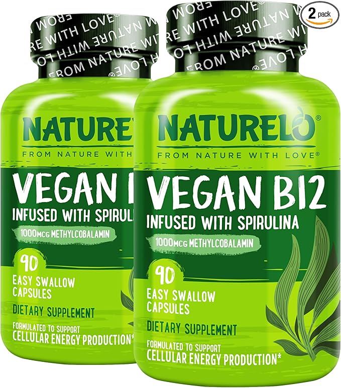 NATURELO Vegan B12 - Methyl B12 with Organic Spirulina - High Potency Vitamin B12 1000 mcg Methylcobalamin - Supports Healthy Mood, Energy, Heart & Eye Health - 90 Capsules (Pack of 2)
