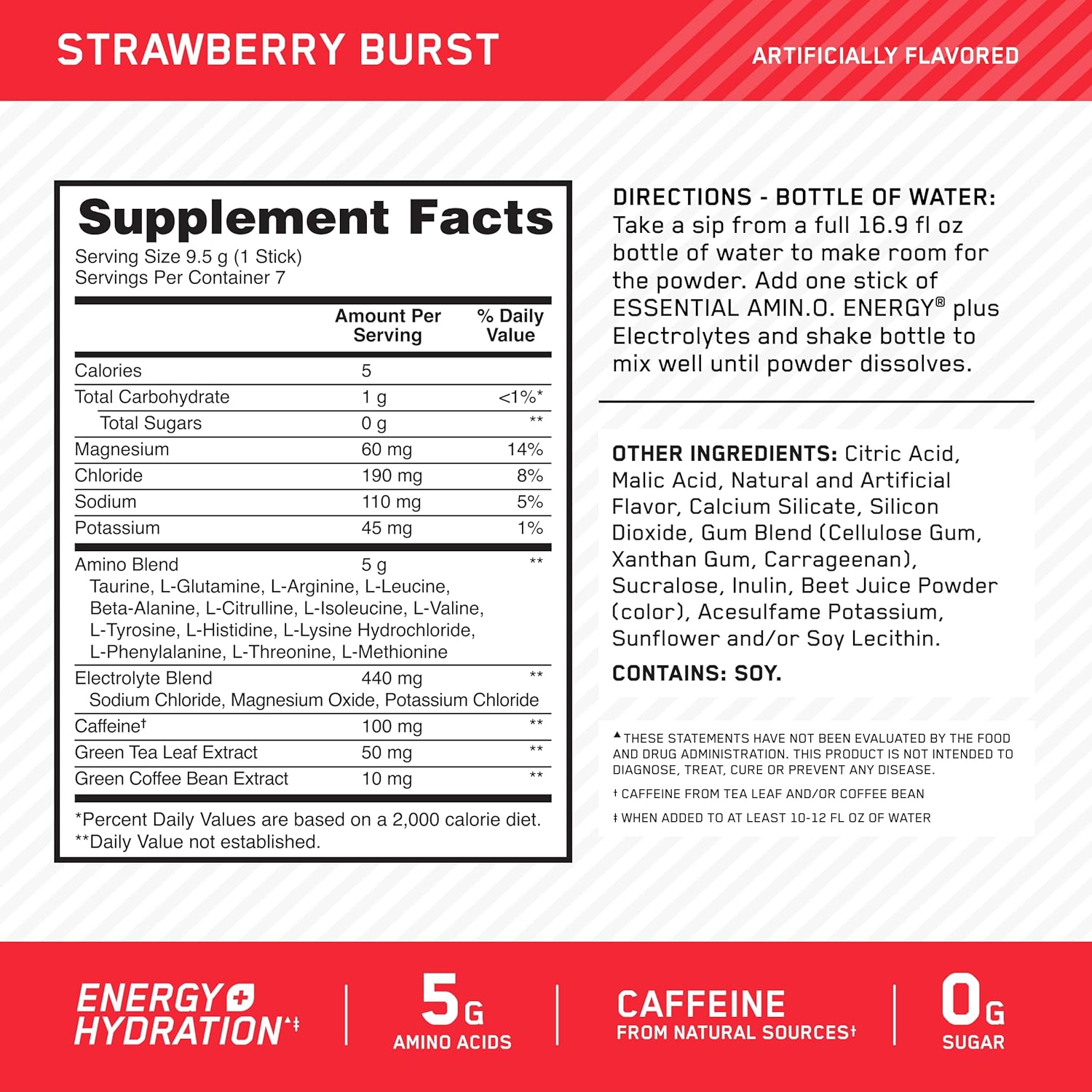 Optimum Nutrition Essential Amino Energy Plus Electrolytes Stick Packs, Energy Powder, Strawberry Burst, 7 Count