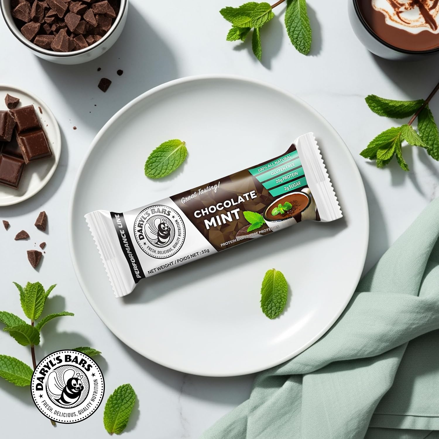 Daryl's Bars, Chocolate Mint On the Go Whey Protein Bars, Gluten Free, Low Sugar, Protein Snack, Meal Replacement, Pack of 2