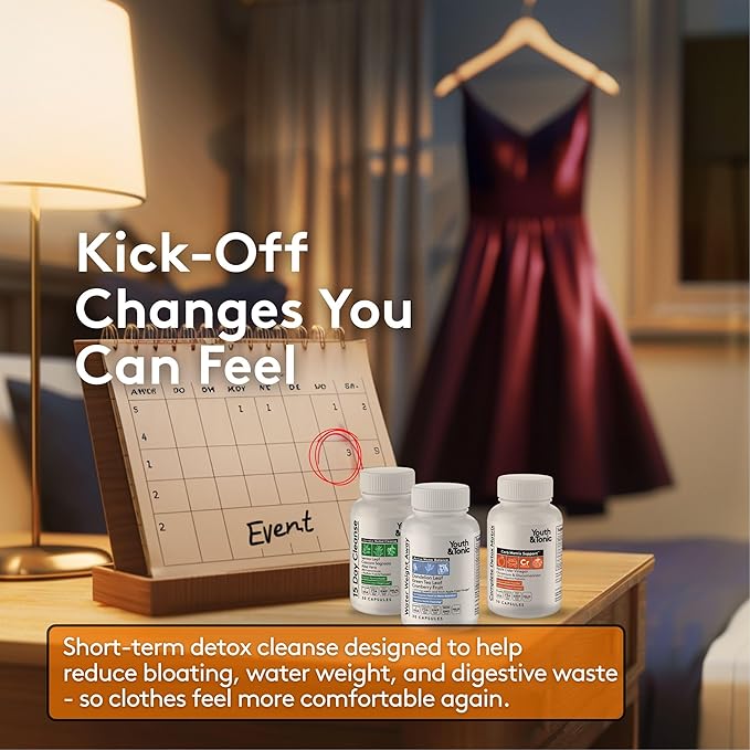 Youth & Tonic 3PK Detox Cleanse Kick Off Weight Management & Bloating Support – 15 Day Colon & Gut Cleanse, Water Weight Away & Detox Matrix Complex – 90 Pills