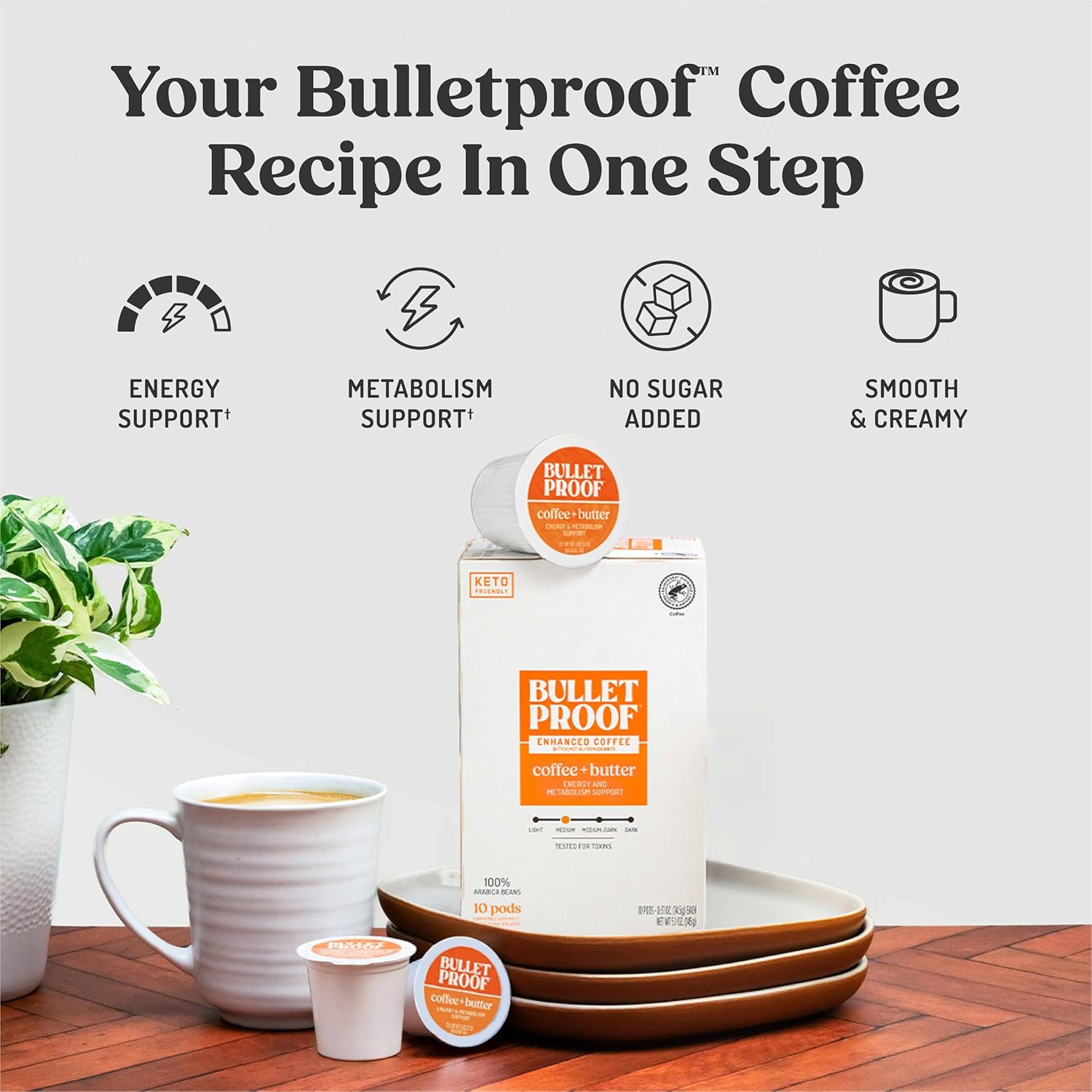 Bulletproof Coffee + Organic Grass-Fed Butter Single-Serve Pods, 10 Count, Keto Coffee, All-in-one Recipe with MCT Oil and Butter, Packaging May Vary