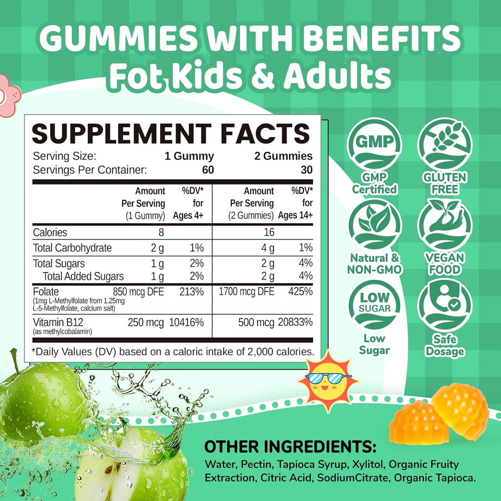 L Methylfolate Gummies, 5-MTHF Gummies for Kids & Adults, Methyl Folate and B12 Supplement, Highly Absorbable MTHFR Supplement, Support Brain Health, Immunity, Kids Growth, 120 CT