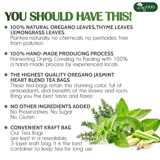 TOG999, Premium Oregano Herbal Tea with Jasmine-Like Notes – 60 Tea Bags | Blend of Oregano, Thyme & Lemongrass | Caffeine-Free, Natural Flavor, Premium Quality Herbal Infusion