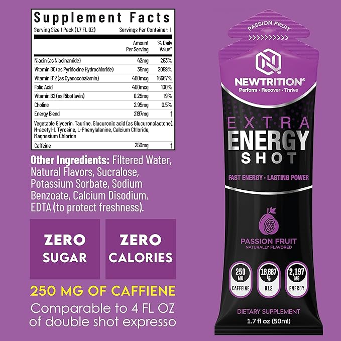 NewTrition® Extra Strength Energy Shots 1.7 fl oz - 250mg Caffeine with B Vitamins & Amino Acids, Sugar-Free Zero Calorie Vitamin Energy Drink for Focus & Endurance (Pack of 12, 4 Flavors - Mixed 3)