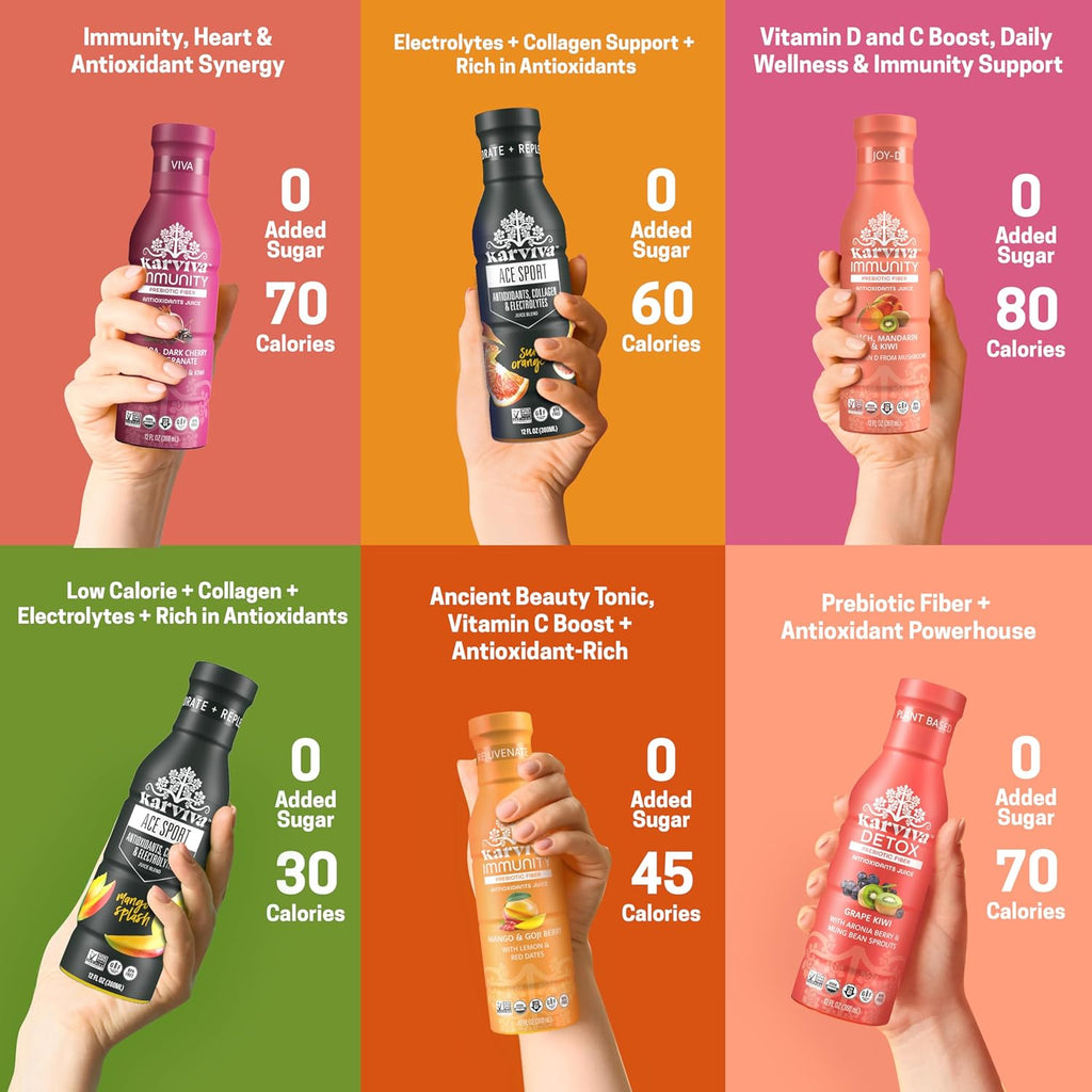 Karviva Organic Detox Juice Cleanse & Immunity Boost, Ancient Remedies for Gentle Detox & Restore Digestion, Prebiotics, Vitamin C, D & Marine Collagen, Low-Sugar, Gluten-Free, 1 to 3 Day Use, (6 BPA-Free Bottles, 12 oz Each)