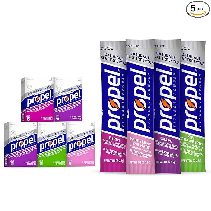 Propel Electrolyte Enhanced Water Drink Mix Powder Packets, 4 Flavor Variety Pack, Zero Calorie & Zero Sugar Hydration with Electrolytes and Vitamins C & E (50 Packets)