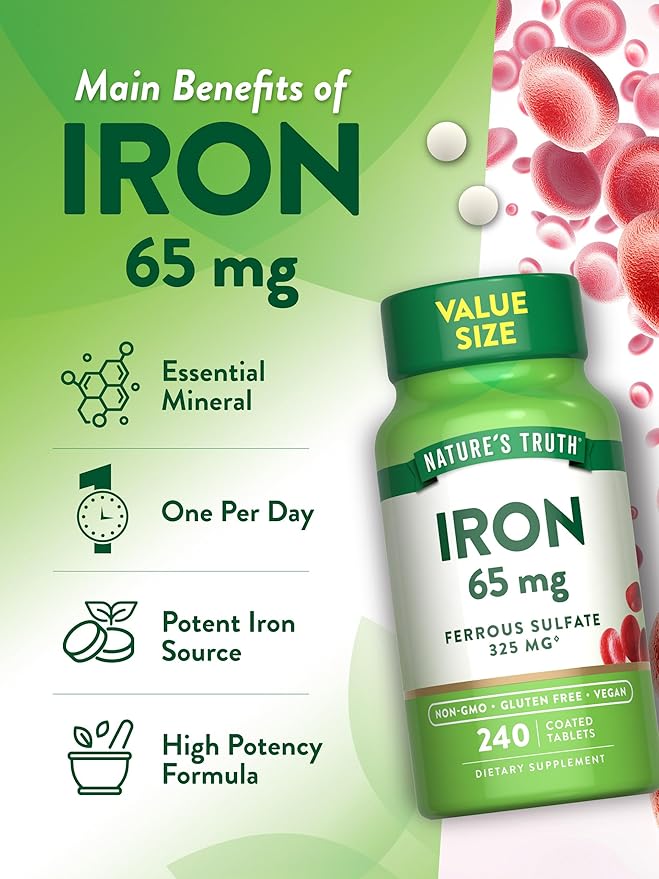 Nature's Truth Iron Tablets 65mg | 240 Count | 325mg Ferrous Sulfate | Vegan, Non-GMO & Gluten Free Supplement