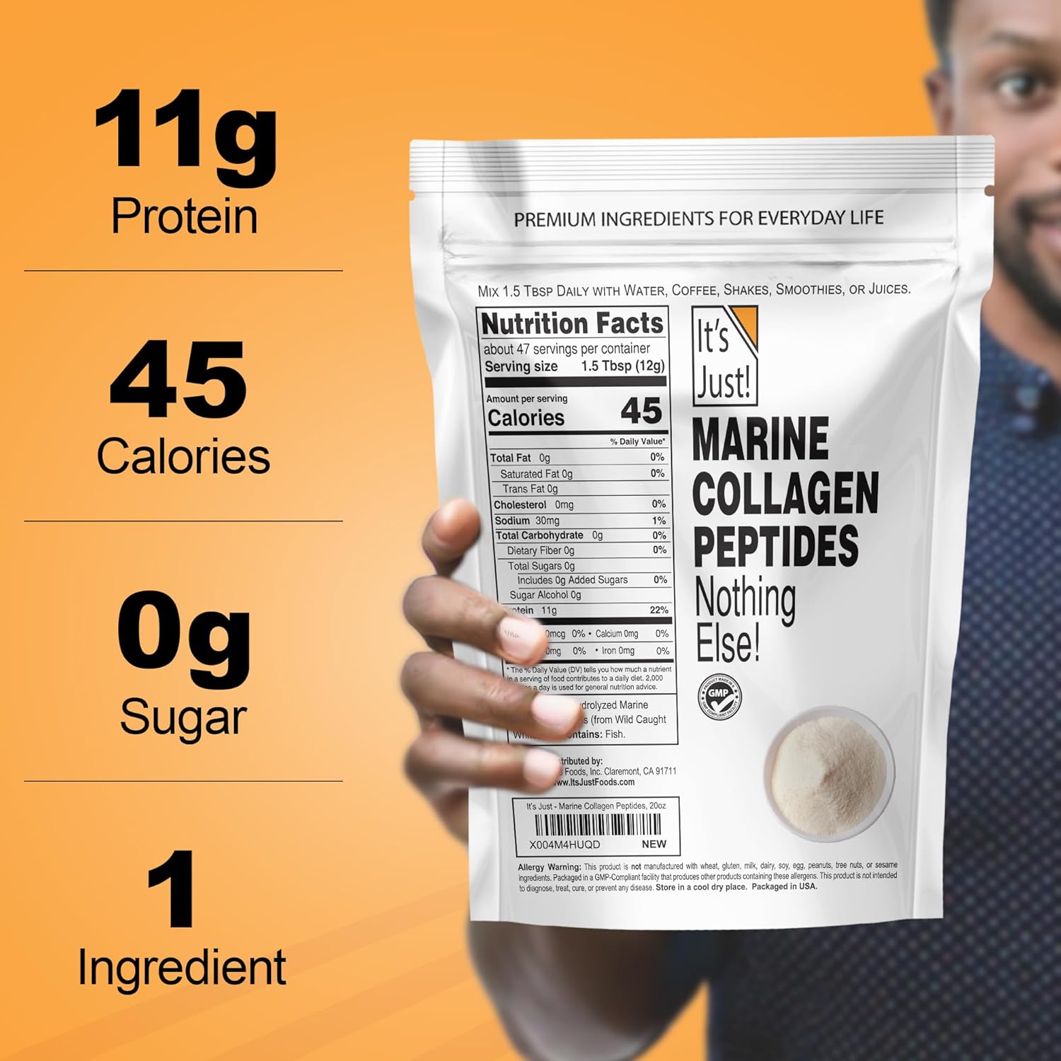 It's Just! - Marine Collagen Peptides Types I & III, Whitefish Source, Tested for Heavy Metals, Gluten Free, Non-GMO, No Added Flavor, Unflavored, 20oz