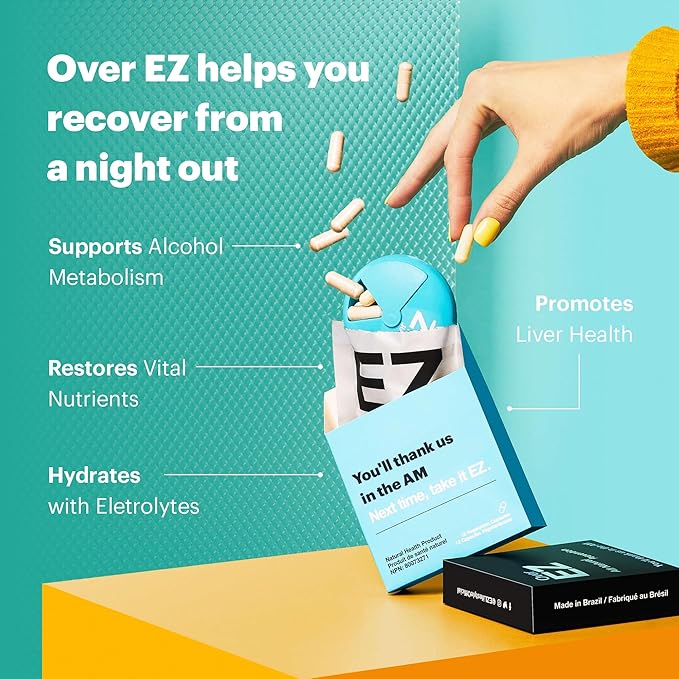 OVER EZ Pre-Drink Supplement - Party Recovery & Prevention Pills for a Night Out & Better Mornings (12 Capsules) & Milk Thistle, Amino Acids, Vitamin Bs