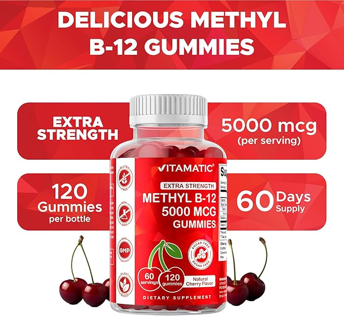 Vitamatic Extra Strength Vitamin B12 5000 mcg (Methyl B12) Gummies - 120 Count - Energy Metabolism Support and Nervous System Health Support, Natural Cherry Flavored (3)