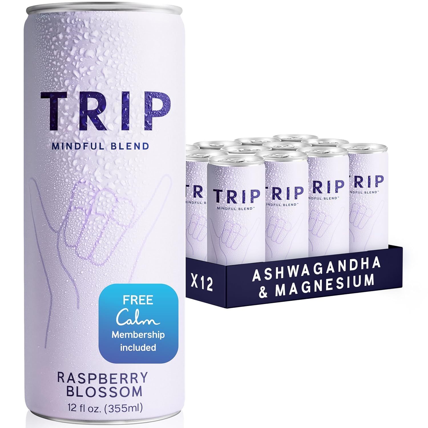 Trip Mindful Blend, Lightly Sparkling Adaptogen Seltzer, Mocktail w/ 120mg Magnesium Citrate with Ashwagandha, Lions Mane & L Theanine, No Added Sugar, Vegan, Raspberry Blossom, 12 Oz, 12Pk