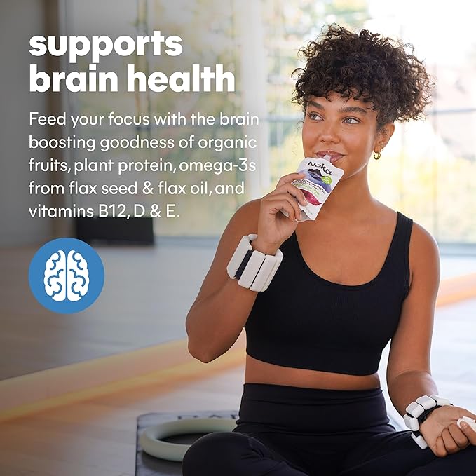 Noka Superfood Fruit Smoothie Pouches Ready to Drink with Brain Support, Healthy Snacks w/ 850mg Omega-3 Flax Seed Plant Protein Vegan Gluten Free Organic Fruit Squeeze Pouch Blueberry Acai 4.22 oz 6 Count