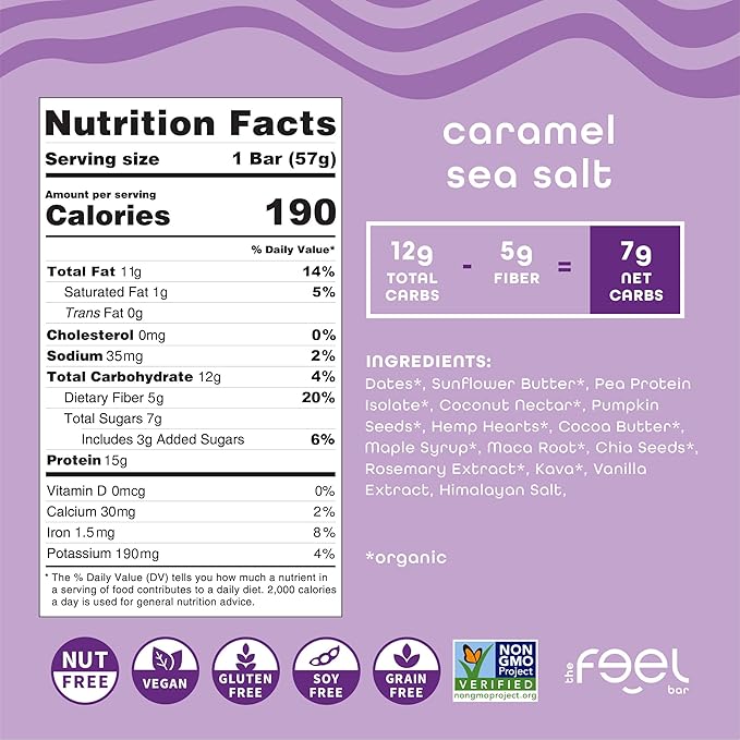 Feel Vegan Protein Bars, Vitality, Maca Root, Dairy, Nut, Grain, Soy Free, 15g Plant Protein, Adaptogenic Snack, Organic, Low Sugar, Low Carb, Gluten Free, Caramel Sea Salt, 10 Pack