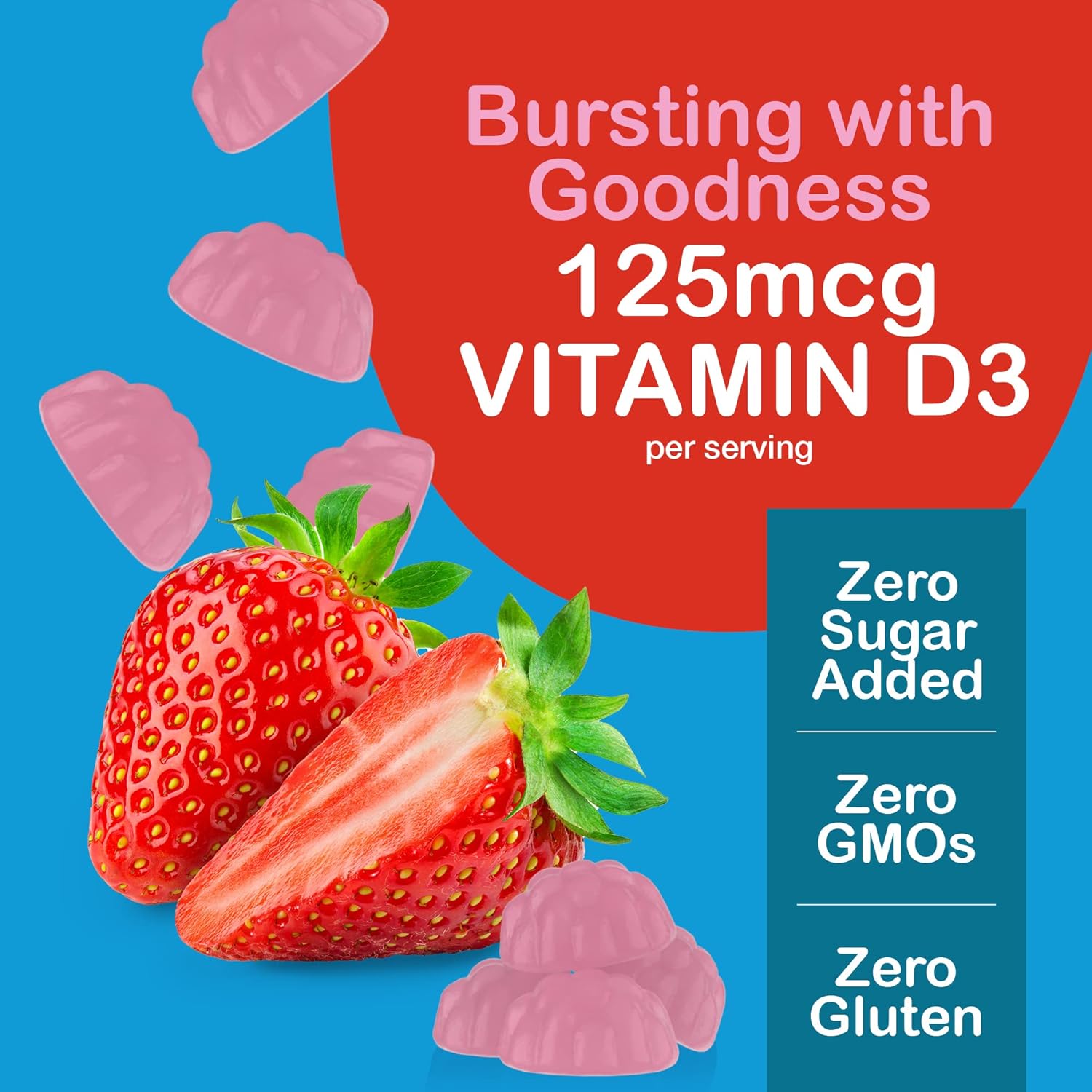 Yum-Vs - Vitamin D3 Gummies with Zero Sugar for Adults & Kids (125 mcg - 60 Count) - Sugar Free Vitamin D Gummies - Vegetarian Gummy Vitamins for Bone Support & Immune Health - Vit D3 Vitamin Chewable