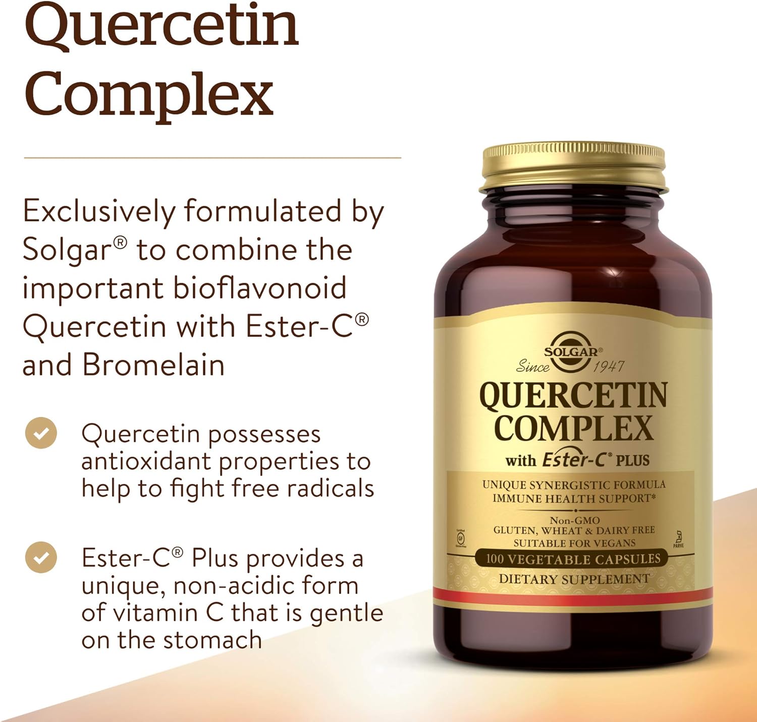 Solgar Quercetin Complex with EsterC Plus Vegetable Capsules Supports Immune Health Antioxidant Gentle on the Stomach Vitamin C NonGMO Vegan Gluten Free Dairy Free 50 Servings, Standard Packaging, 100 Count