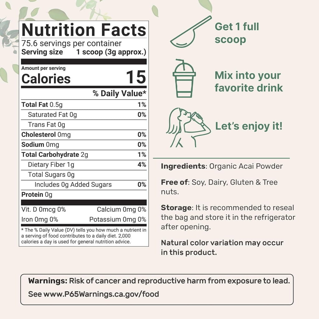 Organic Acai Powder, 8oz | 100% Natural Fruit Powder | Freeze-Dried Brazilian Wildberry Source | No Sugar & Additives | Great Flavor for Drinks, Smoothie, & Beverages | Non-GMO & Vegan Friendly