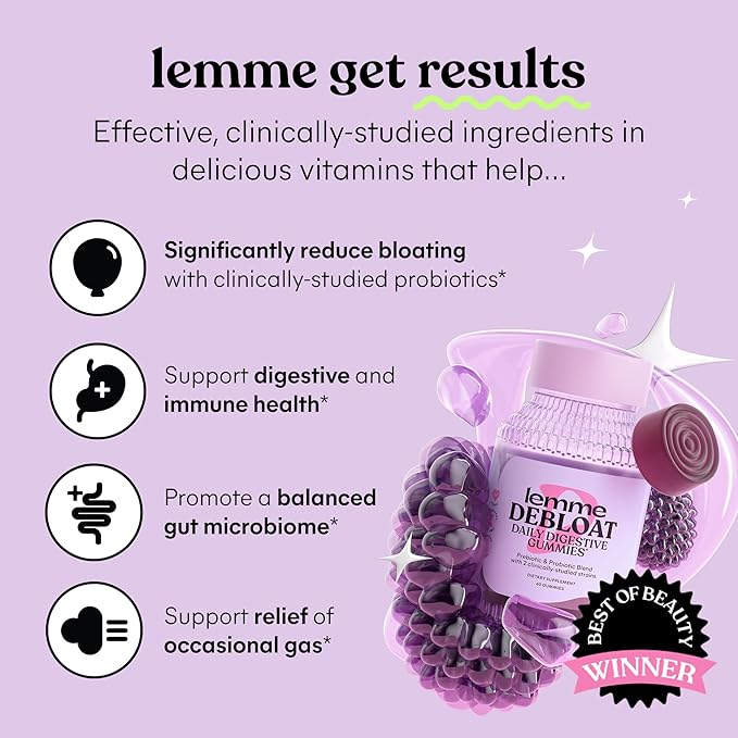 Lemme Debloat - Digestive & Gut Health Gummies with 2 Clinically Studied Probiotics & Prebiotic, Vegetarian, Gluten Free, Non GMO, BlackBerry Flavor (60 Count) (Pack of 2)
