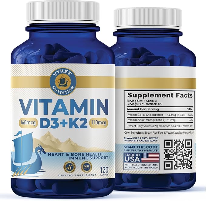 Vykee Nutrition Vitamin D3 K2 Complex - Ultimate Absorption 140mg D3 & 110mg K2 (MK-7) | Vegan, Non-GMO | Supplement for Bone, Teeth, Muscle, & Heart Health | 120 Capsules