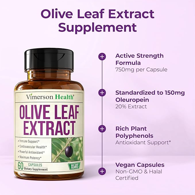 Olive Leaf Extract Capsules – 750 mg Standardized to 150 mg Oleuropein – Polyphenol Antioxidants for Cardiovascular Health and Immune Support Supplement – Vegan Herbal Supplements – 60 Capsules