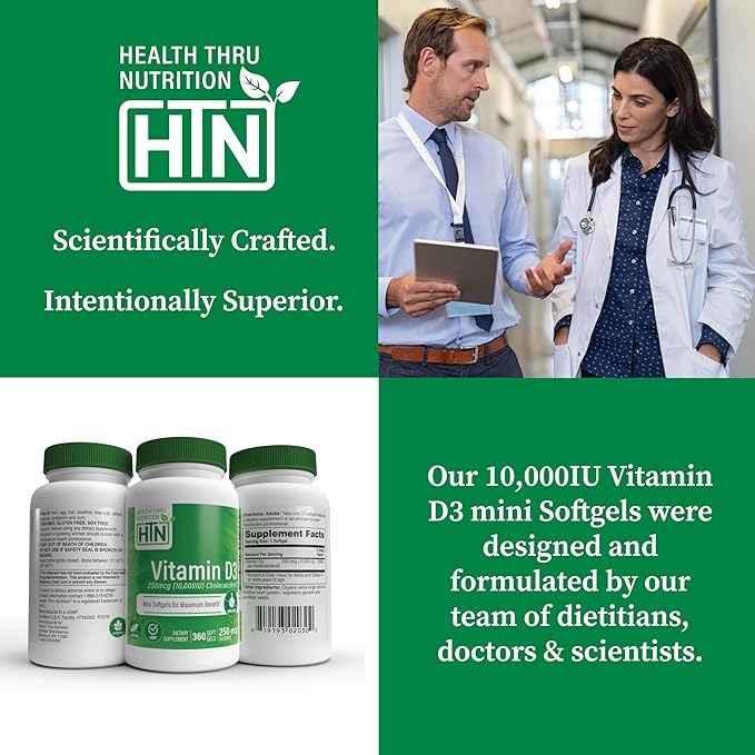 Health Thru Nutrition Vitamin D3 10,000iu 360 Mini Softgels for Maximum Benefit Year Supply | 250mcg Cholecalciferol | 3rd Party Tested | Non-GMO USP Grade in Organic EVOO | Immune Health Support