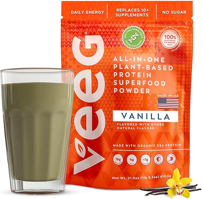 Veeg All in One Protein Smoothie Powder – Vegan Protein Powder & Collagen Boost. Organic Pea Protein, MCT, Probiotics & Multivitamin. One Scoop Daily Energy, Wellness & Balance 15 Servings (Vanilla)