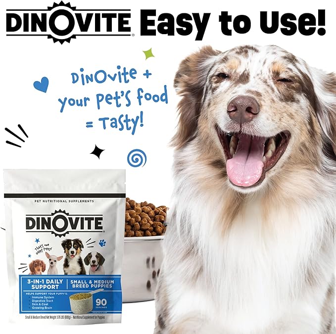 Dinovite 3 in 1 Probiotic for Puppies, Skin & Coat, Digestive Health & Joint Relief, Dog Food Toppers, Salmon Oil, Glucosamine, Allergy Relief & Itch Relief Skin Care, 90 Servings (Puppy)