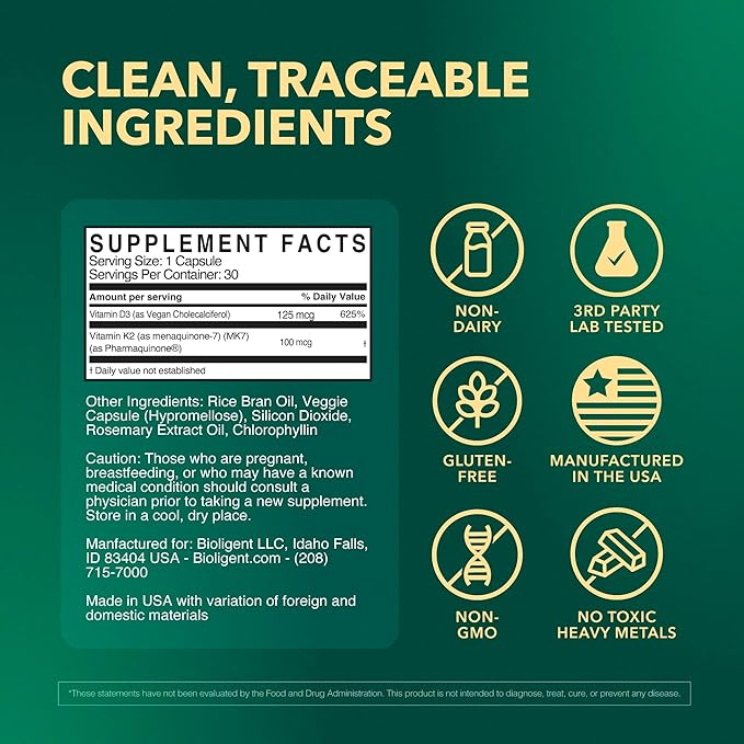 Vitamin D3 K2 Supplement 5000 IU, K2 D3 Vitamin Capsules, Vegan, Non-GMO, Gluten Free, 30 Capsules, 30 Day Supply