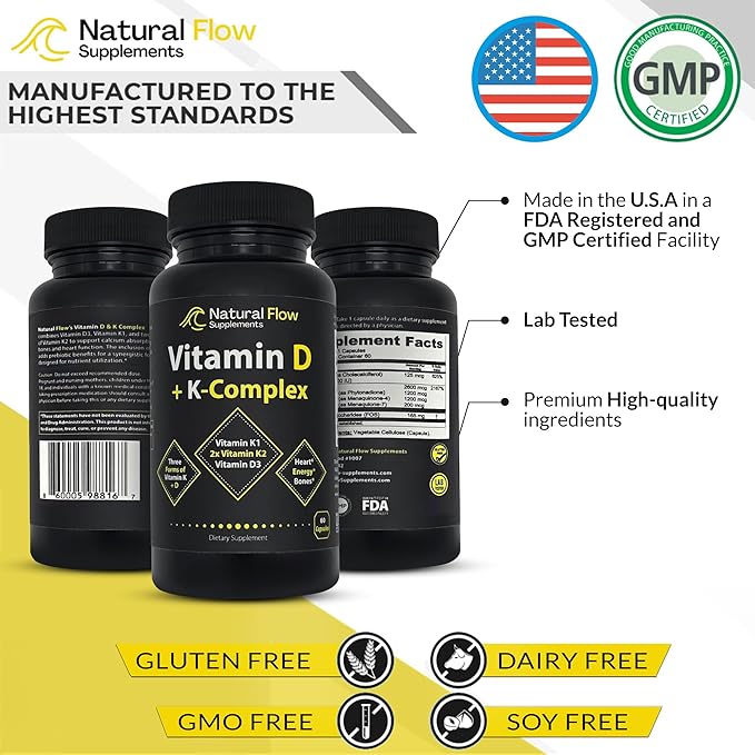 Vitamin D3 with K2 and K1 Supplement - Natural Flow Vitamin D3 and K Complex, D3 5000iu with Vitamin K2 MK4 + MK7 and K1 for Bone, Heart, and Immune Support - 60 Capsules