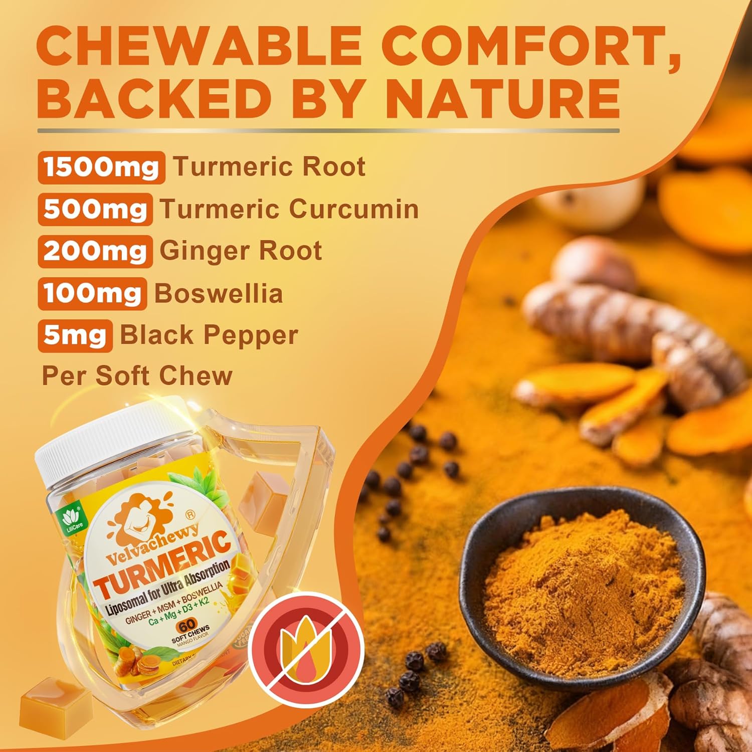 Liposomal Turmeric and Ginger Soft Chews Supplement with Black Pepper, Calcium & Vitamin D3 K2│Ultra High Absorption Liposomal Curcumin + Organic Turmeric Root & Boswellia for Adults, Sugar Free, 60Ct
