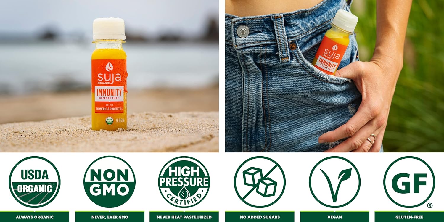 Suja Organic Immunity Defense Shot (60 Pack) with Turmeric and Ginger | Immunity Boost & Support | Functional Shots | Cold-Pressed Juice with Live Probiotics | Plant-Based & Gluten-Free