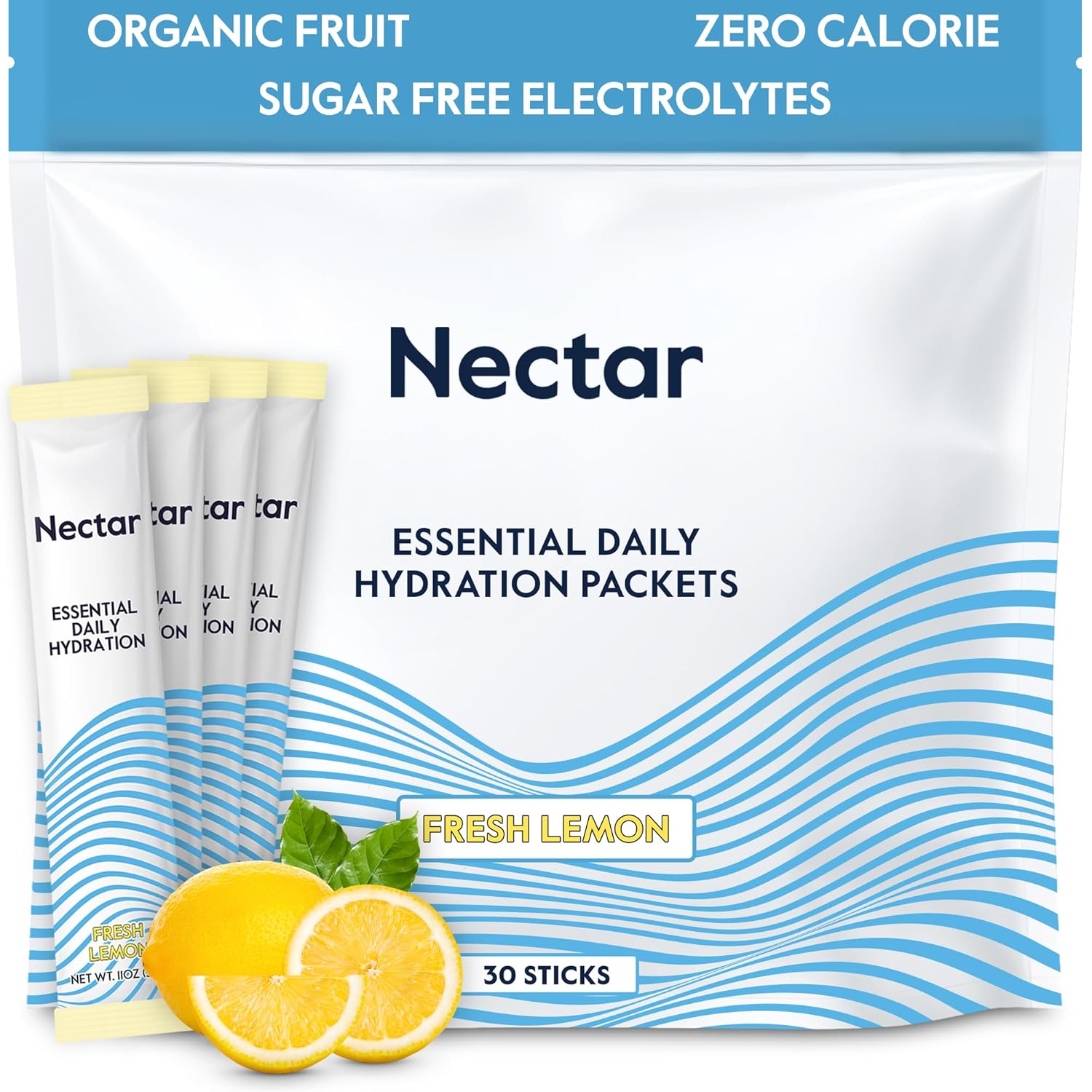 Nectar Hydration Packets - Electrolytes Powder Packets - No Sugar or Calories - Organic Fruit Liquid Daily IV Electrolytes Powder for Dehydration Relief and Rapid Rehydration (Lemon 30 Pack)