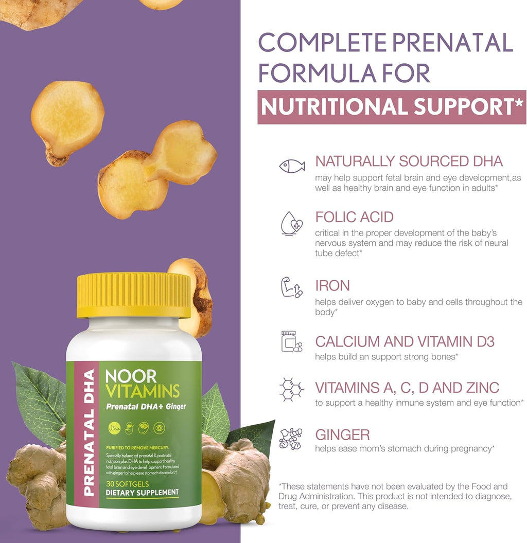 Noor Vitamins Halal Prenatal Vitamins with DHA and Folic Acid, Essential Vitamins, Ginger to Soothe Mom's Stomach, Iron, Softgels, Prenatal Vitamin Before/During/Post Pregnancy (1 Month Supply)